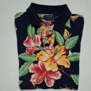Polo by Ralph Lauren Navy Tropical Hibiscus Polo with Yellow & Pink Flowers